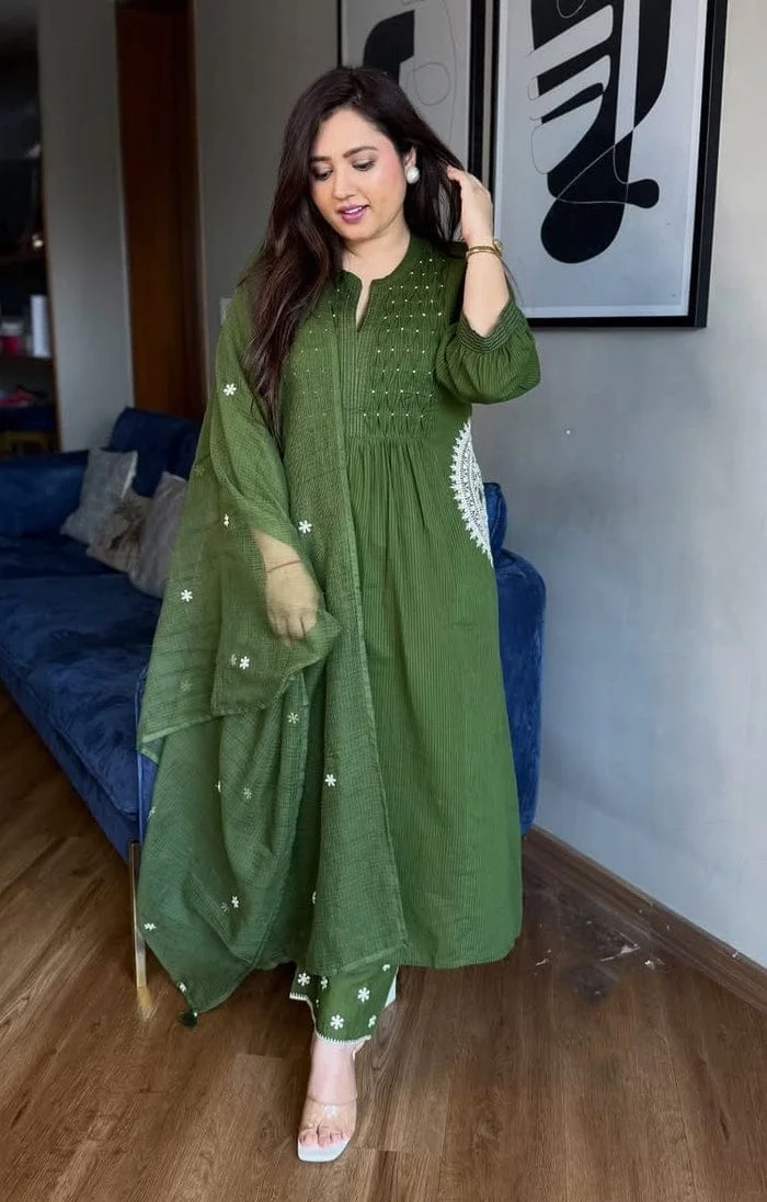 Olive Green Cotton Blend Three Piece Suit Set with White Floral Embroidery